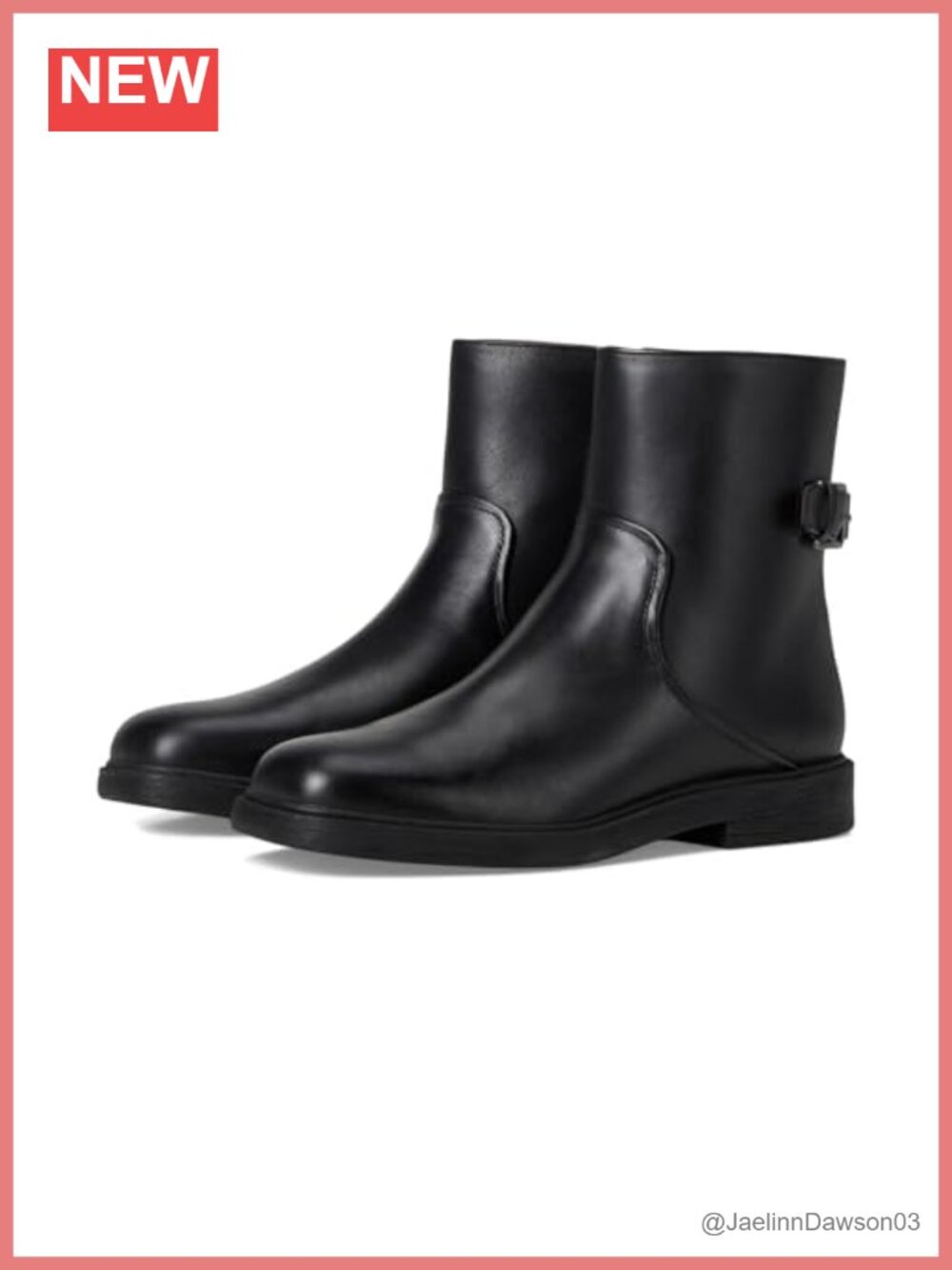Leather Ankle Bootie with Buckle Accent and Side Zipper, Square Toe, Block Heel